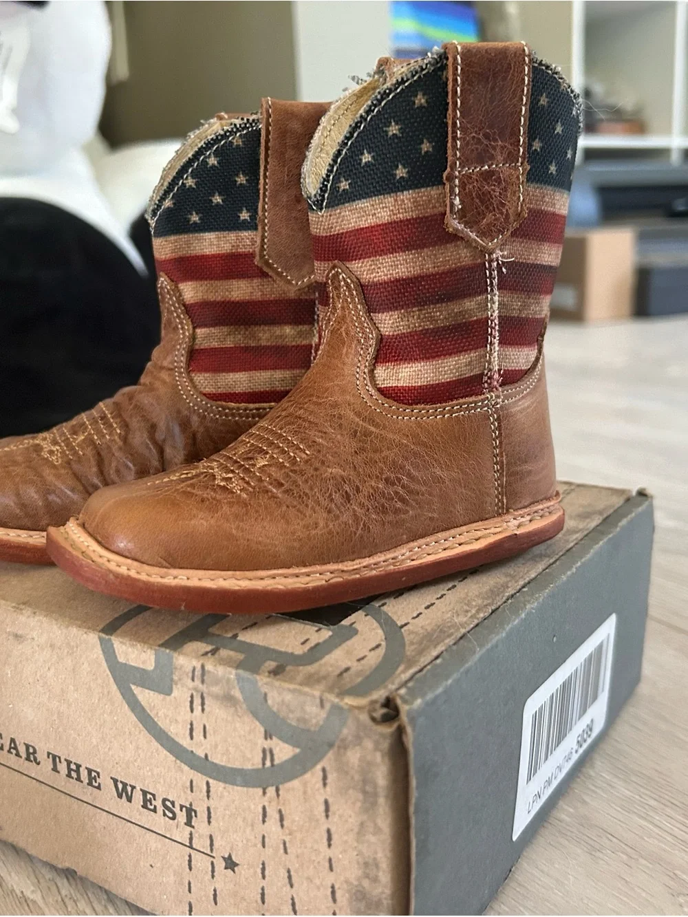Roper Kids Brown Cowboy Boots with Red, White & Blue Flag Shaft